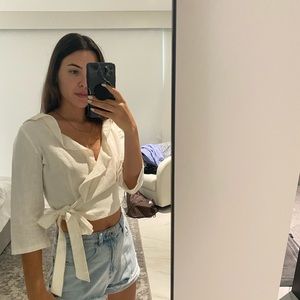 Linen Ruffle Wrap Top